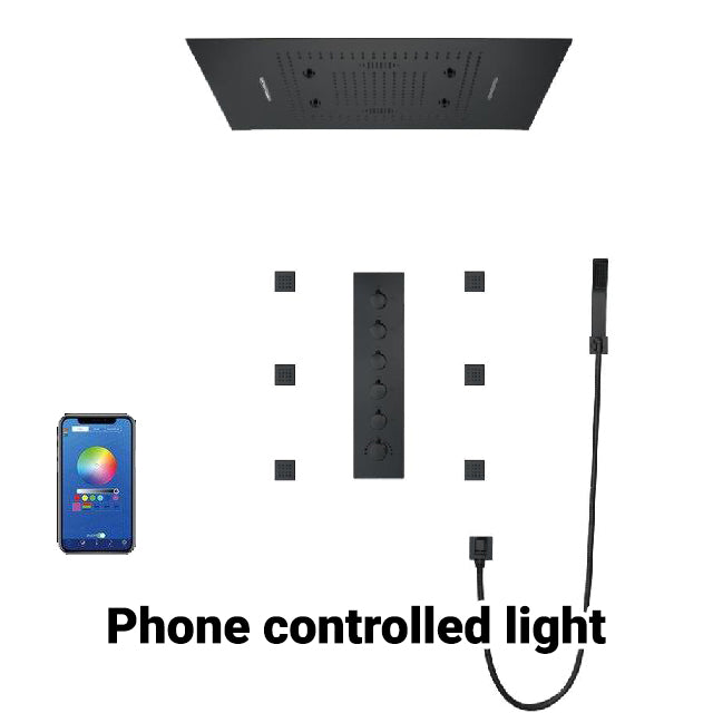 31“ x 24“ Shower Set in Matt Black with Bluetooth Speaker, Phone Controlled LED, Rain/Waterfall/Mist Modes - BLACK SERENA Serena FLUXURIE.COM Phone Controlled Light 