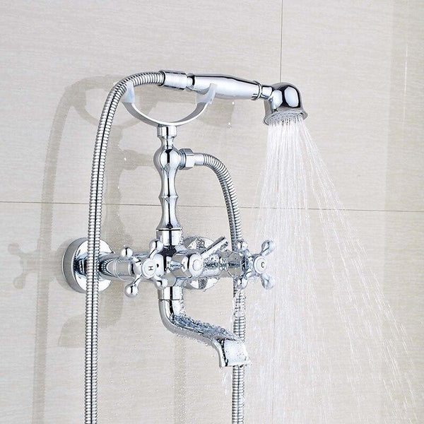 Brass Wall Mount Chrome Bathtub Faucet with Hand Shower and Hot & Cold Mixer FLUXURIE.COM 