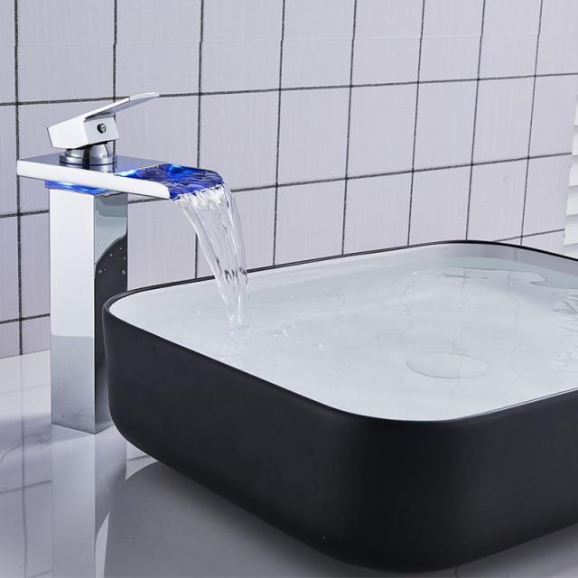 LED RGB Colors Basin Sink Glass Faucet Deck Mount Waterfall fluxurie.com Chrome Style 7 Tall 