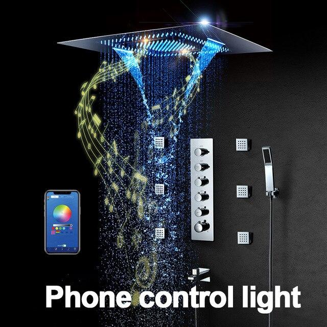 Music LED Shower head 800*600mm Spray Waterfall Rainfall Shower Thermostatic Unit Speaker Showers - SERENA Serena FLUXURIE.COM Phone Control 