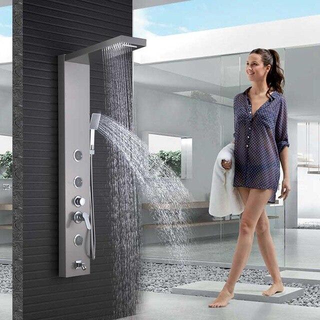 Stainless steel rain/ waterfall shower panel with body jets - OLIVIA Olivia FLUXURIE.COM Brushed Nickel 