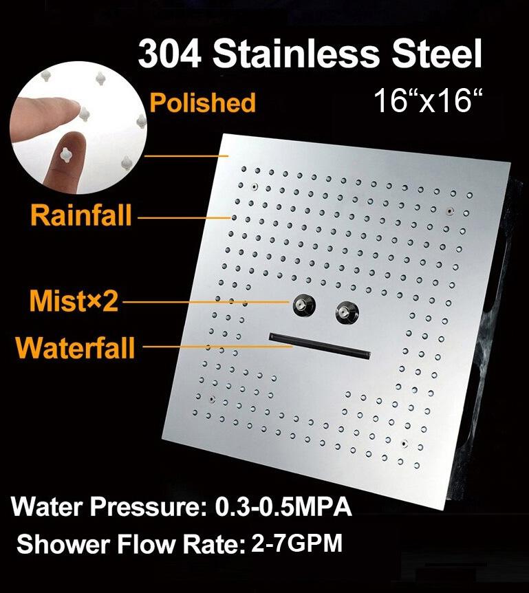 16" x 16" Luxury Shower Set Waterfall/Rain/SPA Mist with Discolorable LED Light - ZARA Zara FLUXURIE.COM 
