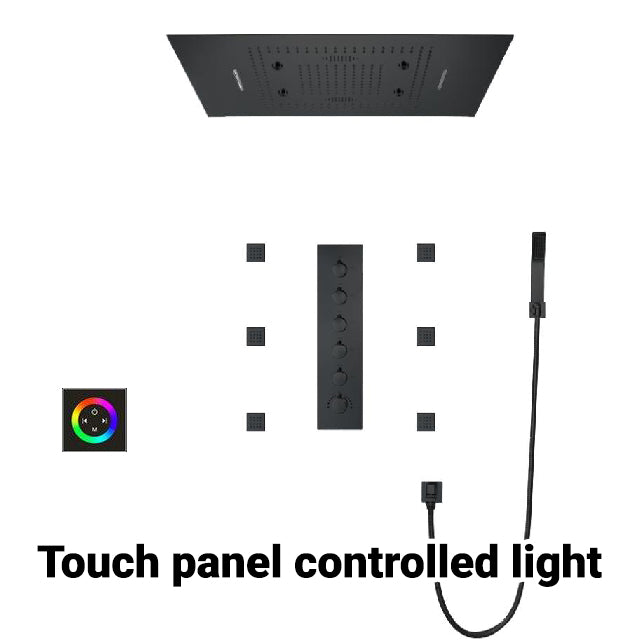 31“ x 24“ Shower Set in Matt Black with Bluetooth Speaker, Phone Controlled LED, Rain/Waterfall/Mist Modes - BLACK SERENA Serena FLUXURIE.COM Control Panel Controlled Light 