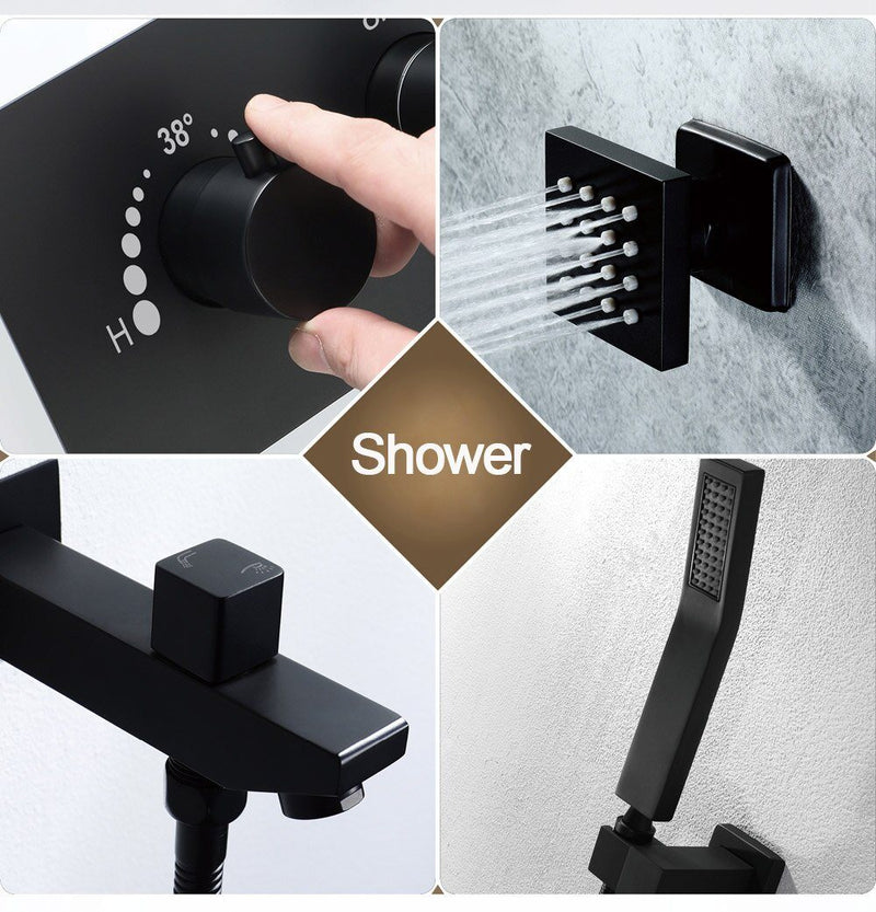 400mm Shower Set Rainfall Showerhead 304 SUS Remote Control Led Ceiling Black Shower Faucets Thermostatic Massage Showers FLUXURIE.COM 