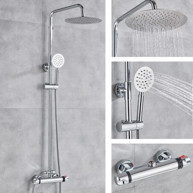 8"/10" Chrome Rainfall Shower Set System Thermostatic With Hand Shower Slide Bar - MAIELLA Mariella FLUXURIE.COM Style D China 