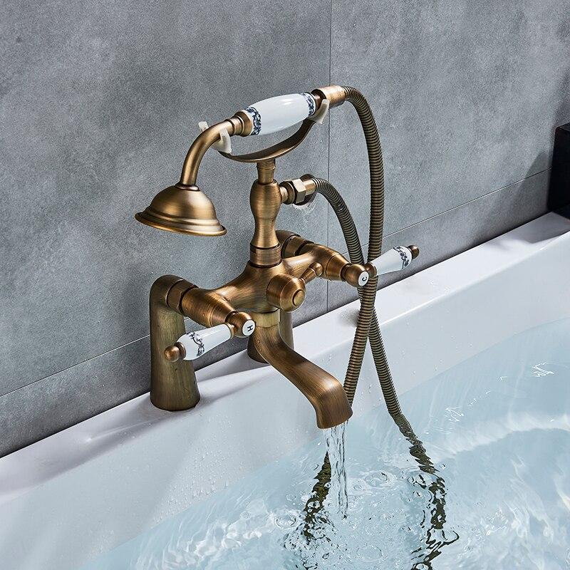 Antique Brass bathtub faucet with gold blue and white porcelain - ROMANO ROMANO FLUXURIE.COM 
