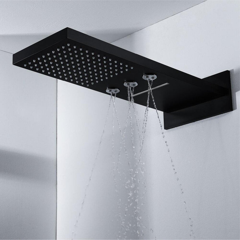 Black Shower Set System with Rainfall, Waterfall, rotating Jets, 3 Body Jets and Thermostatic Mixer - EMANUELA Emanuela FLUXURIE.COM 