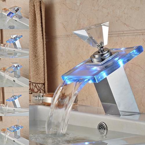 LED RGB Colors Basin Sink Faucet Deck Mount Waterfall LED RGB Colors Basin Sink Faucet Deck Mount Waterfall Brass fluxurie.com 