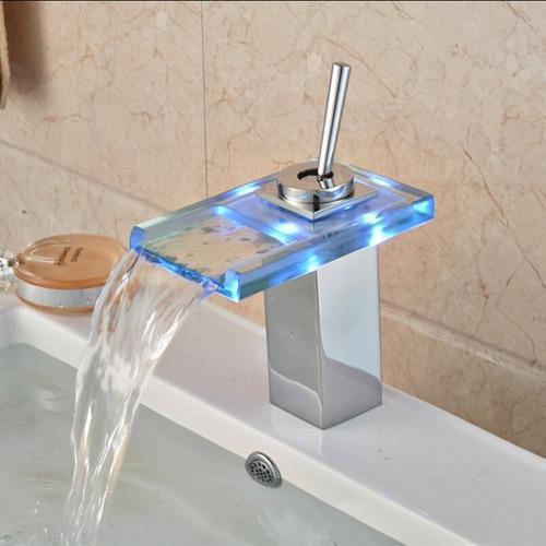LED RGB Colors Basin Sink Faucet Deck Mount Waterfall LED RGB Colors Basin Sink Faucet Deck Mount Waterfall Brass fluxurie.com Style 2 