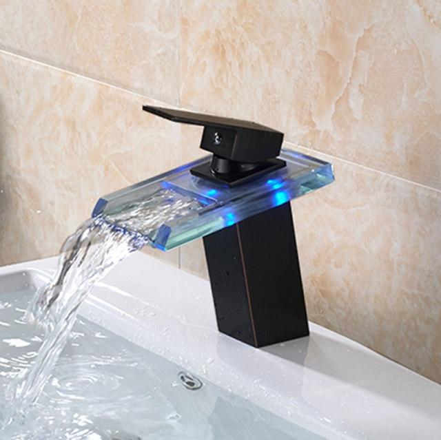 LED RGB Colors Basin Sink Glass Faucet Deck Mount Waterfall fluxurie.com Black Bronze Style 1 