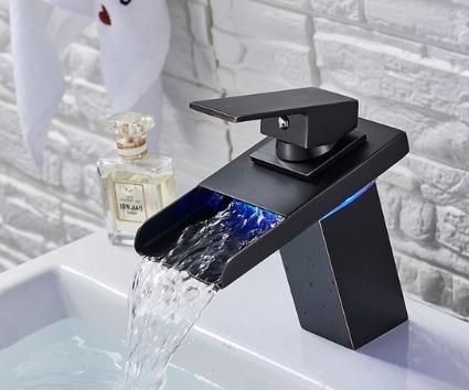 LED RGB Colors Basin Sink Glass Faucet Deck Mount Waterfall fluxurie.com Black Bronze Style 2 