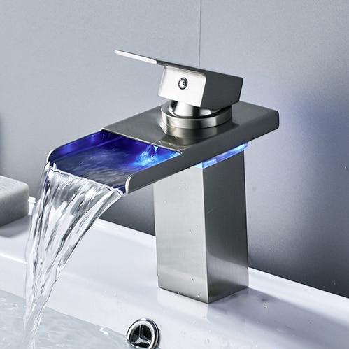 LED RGB Colors Basin Sink Glass Faucet Deck Mount Waterfall fluxurie.com Brushed Nickel 