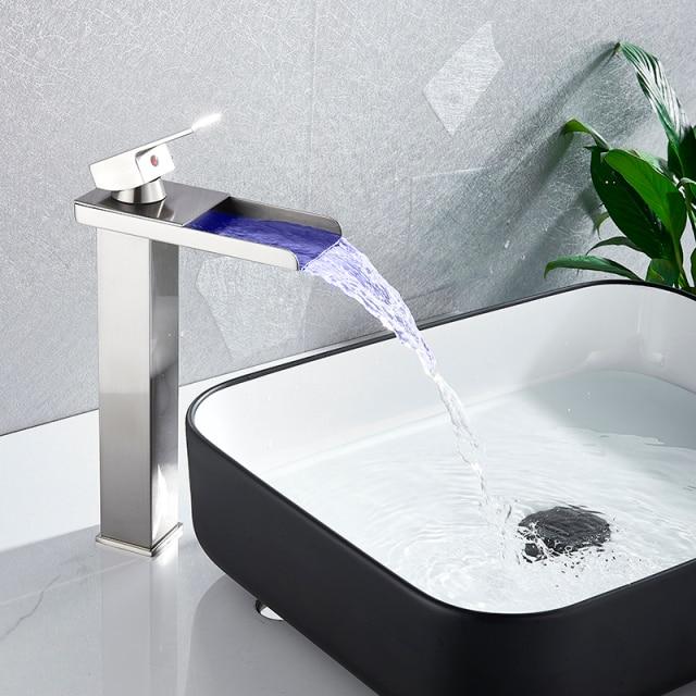 LED RGB Colors Basin Sink Glass Faucet Deck Mount Waterfall fluxurie.com Brushed Nickel Tall 