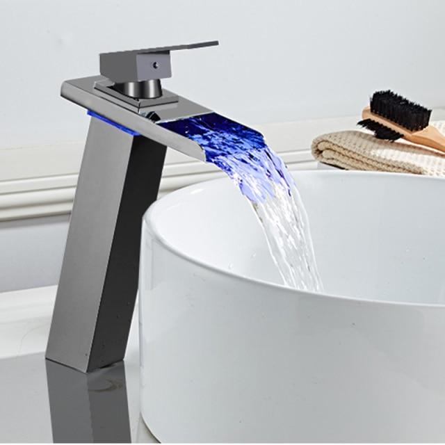 LED RGB Colors Basin Sink Glass Faucet Deck Mount Waterfall fluxurie.com Matt Black Style 1 Tall 