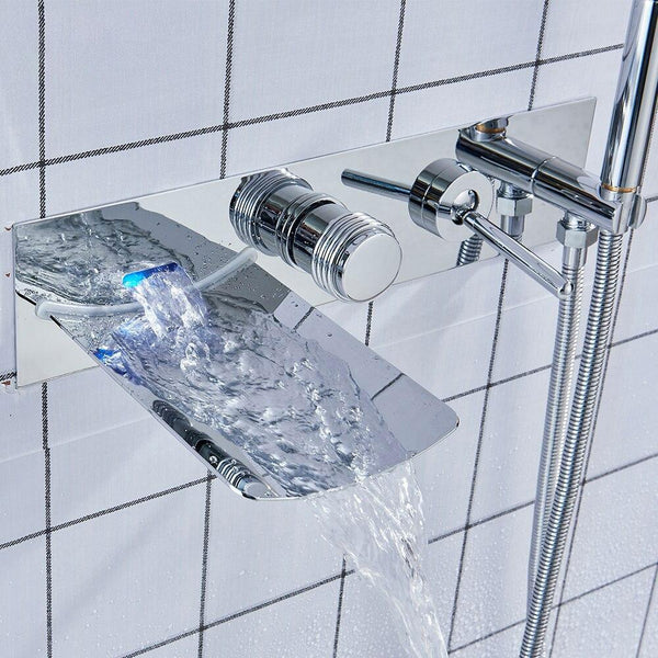 LED Waterfall Widespread Bathtub Faucet in Chrome and Brushed Nickel - ALEC Alec FLUXURIE.COM chrome 