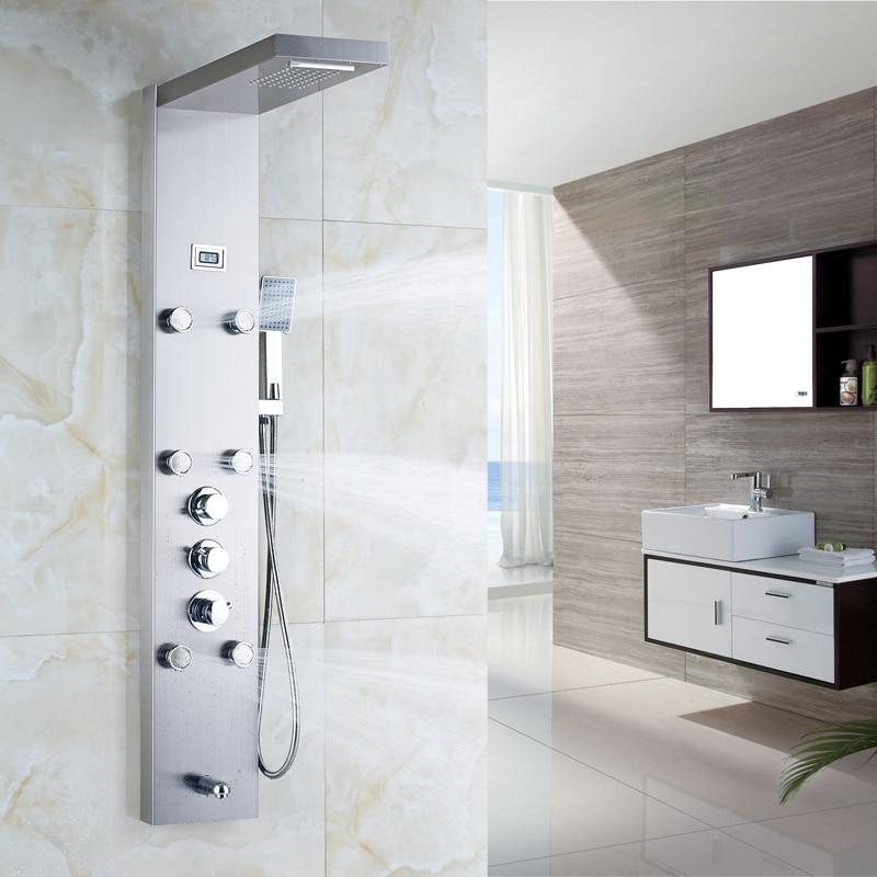 RAIN / WATERFALL SHOWER PANEL WITH BODY SPRAYS AND THERMOSTATiC MIXER - ELENA Elena FLUXURIE.COM Brushed Nickel 