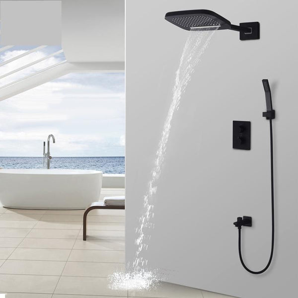 Rain / Waterfall Shower Set System 10" x 8" in Black with Thermostatic Smart Mixer - SITA Sita FLUXURIE.COM 