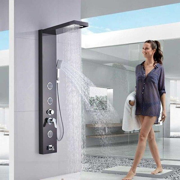 Stainless steel rain/ waterfall shower panel with body jets - OLIVIA Olivia FLUXURIE.COM Black Bronze 