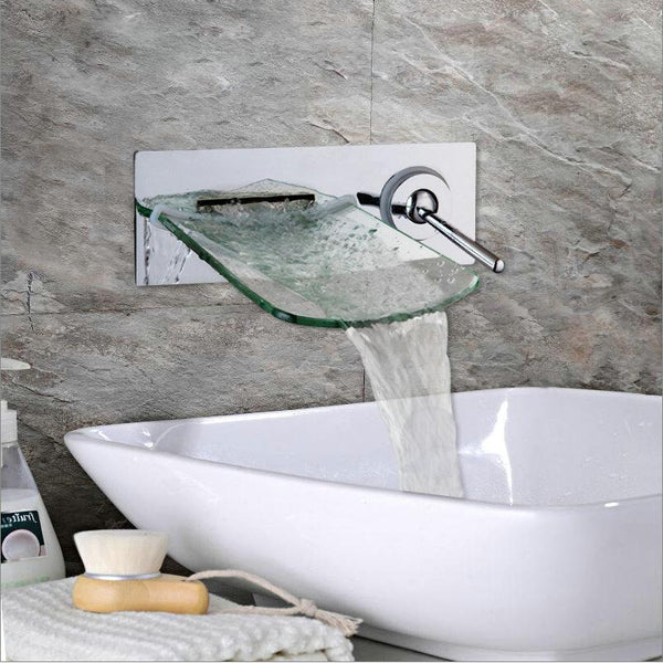 Waterfall Glass Spout Wall Mounted Chrome Faucet Waterfall Glass Spout Wall Mounted Chrome Brass Faucet FLUXURIE.COM 